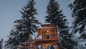 A wooden treehouse with a staircase leading up to it, surrounded by snow-covered trees. - It is a tiny home in the treehouse located in the middle of Fairbanks. (Fairbanks)