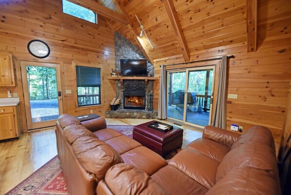 Smart TV, fireplace, books