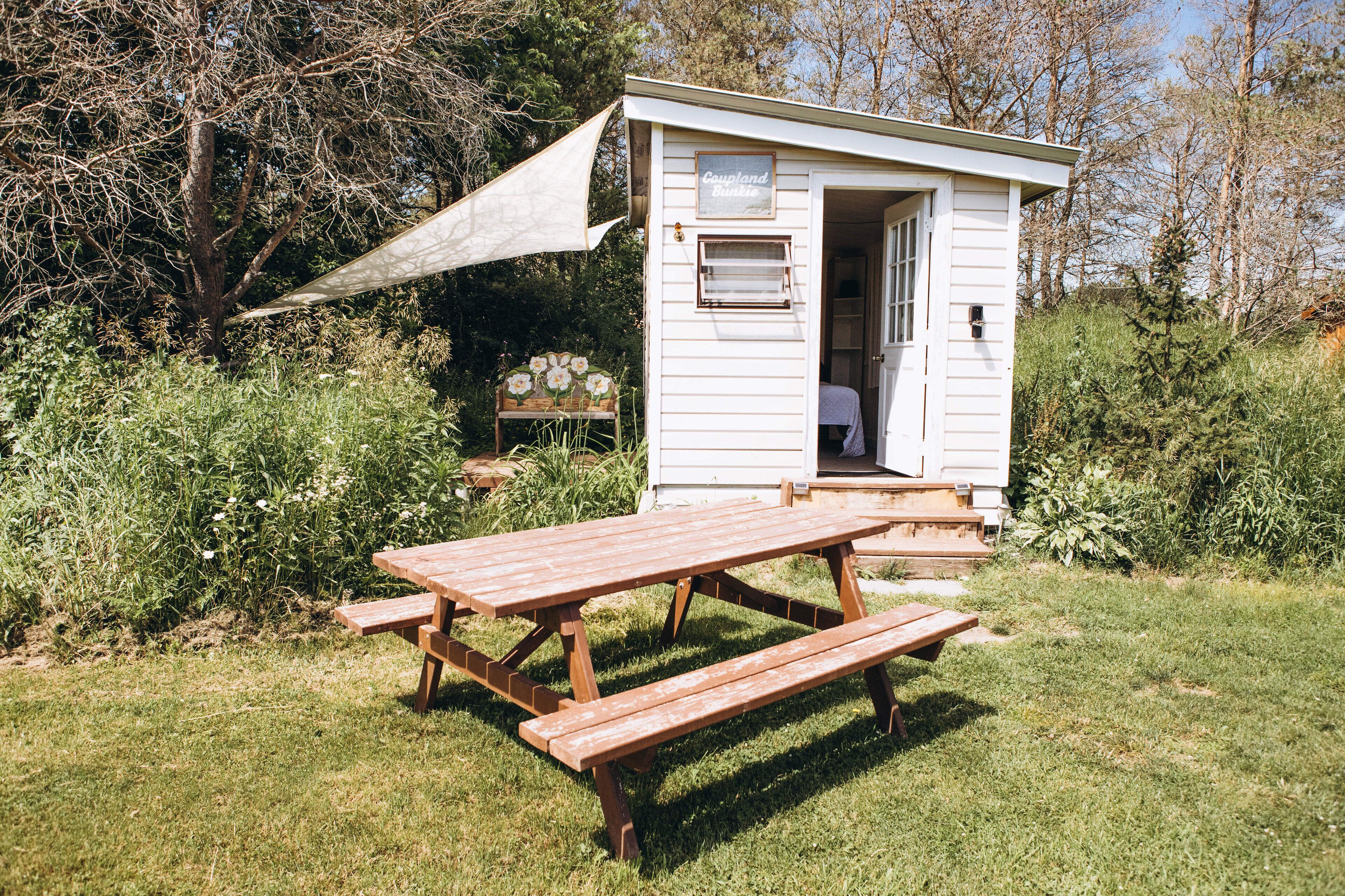 Una cabaña pequeña con una mesa de picnic al frente.