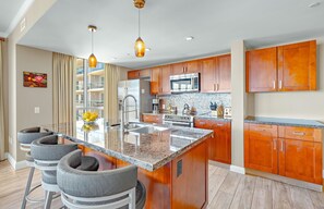Fridge, microwave, oven, stovetop - Maui Resort Rentals: Honua Kai - 3 Total Bedrooms,  6th Floor Deluxe Ocean Views (Lahaina)
