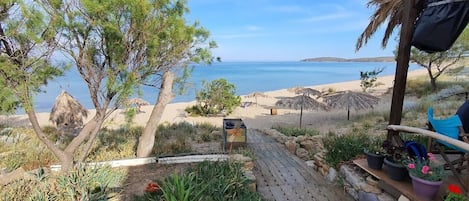 A wooden deck with potted plants, a beach view, and a thatched roof structure.