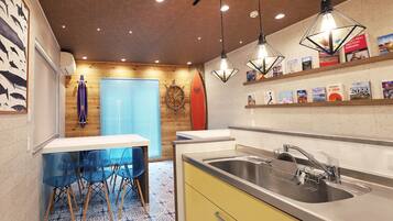 Fridge, microwave, stovetop, electric kettle