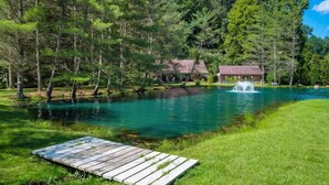 A tranquil outdoor setting with a clear pond, wooden deck, and thatched-roof structures surrounded by dense trees.