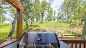 Una parrilla en una terraza de madera con vistas a un área boscosa.