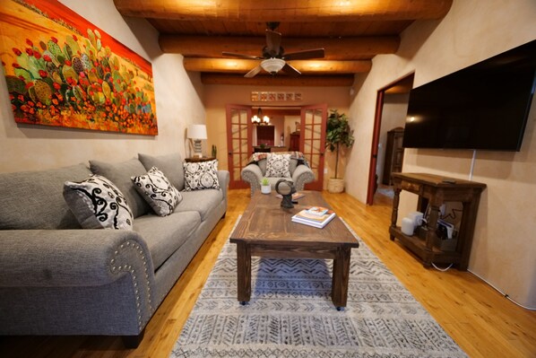 Smart TV, fireplace, music library