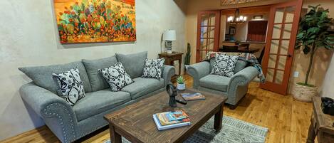 Smart TV, fireplace, music library