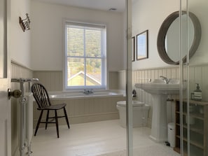 Bathtub, hair dryer, towels, soap