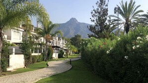 A pathway leading to a building with a mountain in the background.