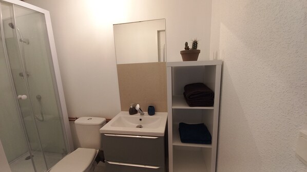 A bathroom with a glass shower enclosure, a toilet, a sink with a mirror above it, and a shelf with folded towels. - Studio Privé Dijon (Dijon)