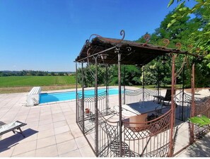 Seasonal outdoor pool, pool umbrellas, pool loungers
