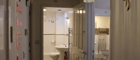 Combined shower/tub, hair dryer, towels, soap