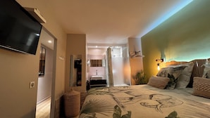 A bedroom with a bed, a television, a bathroom with a shower, and a wall-mounted light fixture.