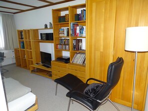 Una sala de estar con chimenea, estanterías, televisor, sofá y lámpara.