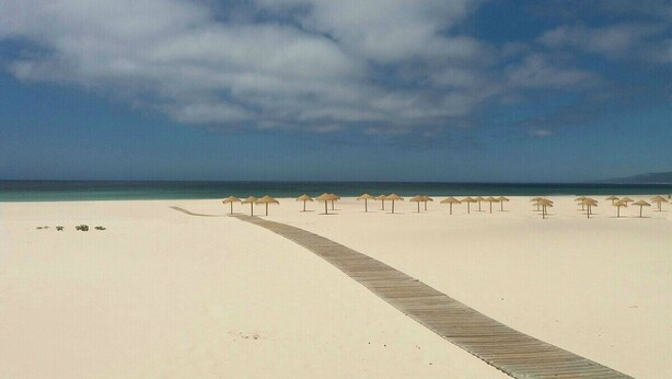 En strand med hvidt sand og en trægang, der fører til vandet.