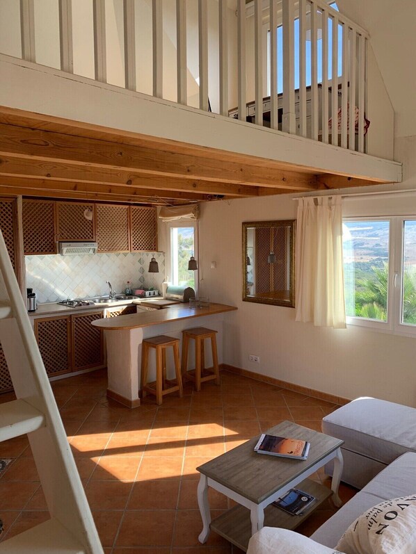 A spacious kitchen with a wooden ceiling, a dining area with a white sofa and a coffee table, and a balcony with a railing.