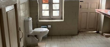 A bathroom with a toilet, bidet, and a window.