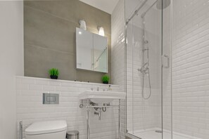 Bathtub, hair dryer, towels, soap