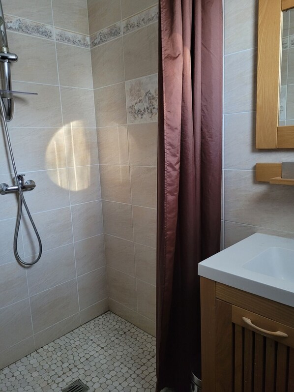 Combined shower/tub, hair dryer, toilet paper