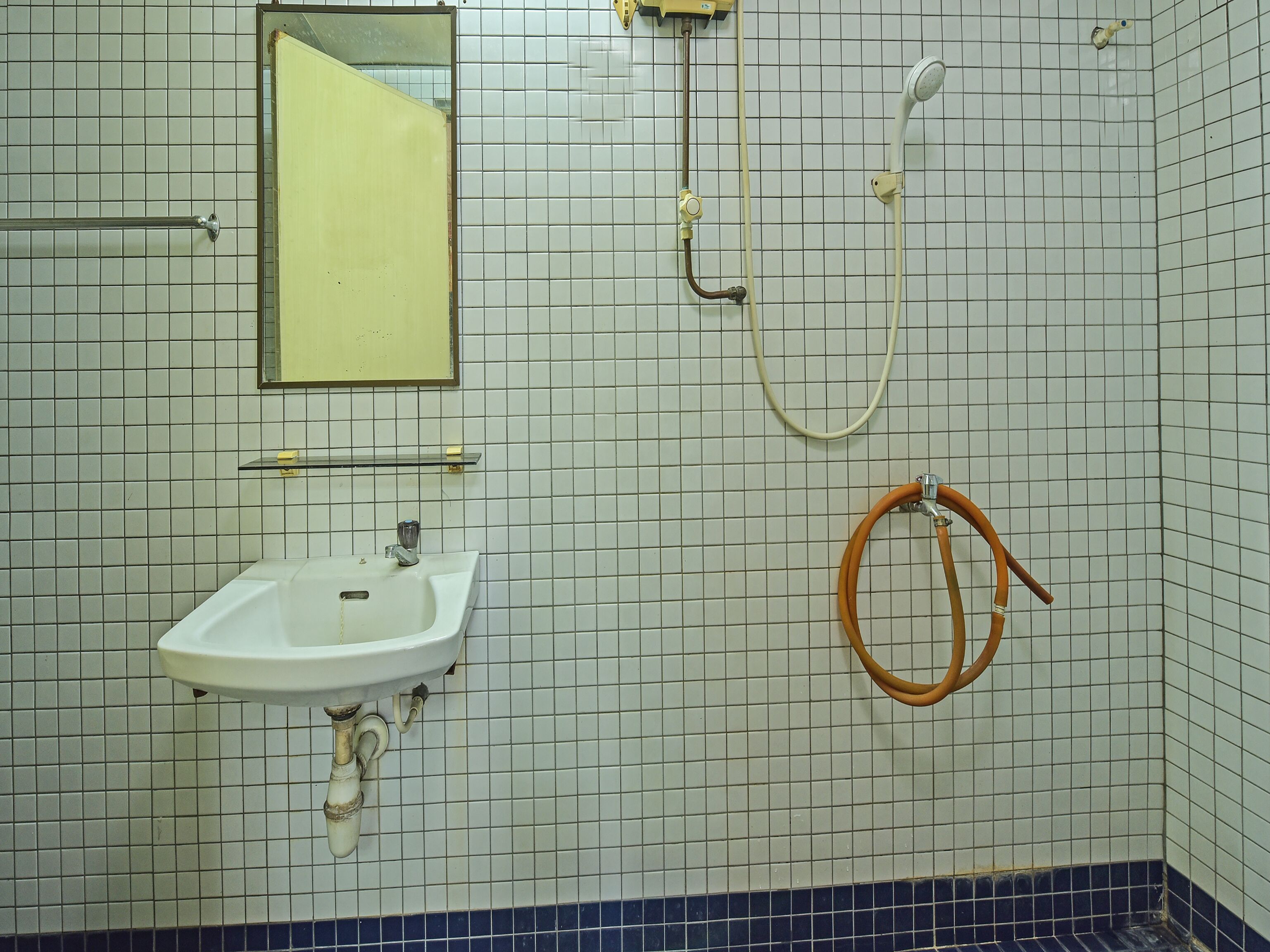 Une salle de bain avec un lavabo blanc, un miroir et une douche avec un flexible.
