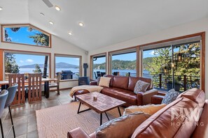 TV, fireplace, books