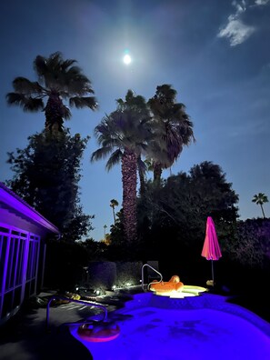 A nighttime outdoor setting with a pool, palm trees, and a building with purple lighting. - Cute and Convenient - 10 minutes to downtown Palm Springs and airport (Cathedral City)