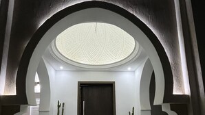 A modern entrance with a dark door, white marble flooring, and two potted cacti.