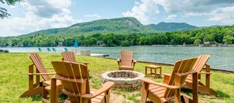 Gorgeous lakefront home with mountain sunset views & hot tub!