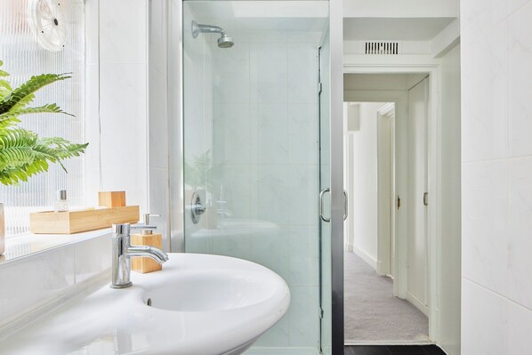 Shower, hair dryer, towels, soap