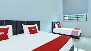 A hotel room with two beds, a large window, and a tiled floor. - OYO Home 90582 Dz Homestay Bukit Ubi (Kuantan)