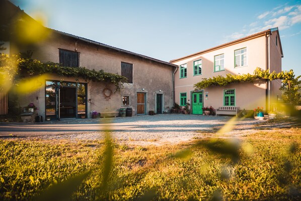 A building with a gravel courtyard, a green door, and a window with a shutter. - BELAKAPA authentic house with free parking and garden (Ilirska Bistrica)