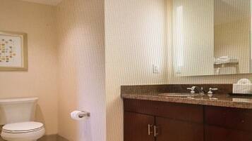 Combined shower/tub, hair dryer, towels, soap