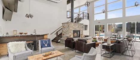 TV, fireplace, foosball