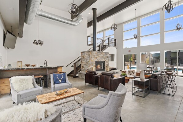 TV, fireplace, table football