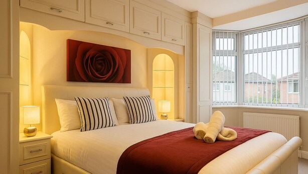 Ein Hotelzimmer mit einem großen Bett, zwei Nachttischlampen, einer roten Akzentwand und einem Fenster mit Jalousien.