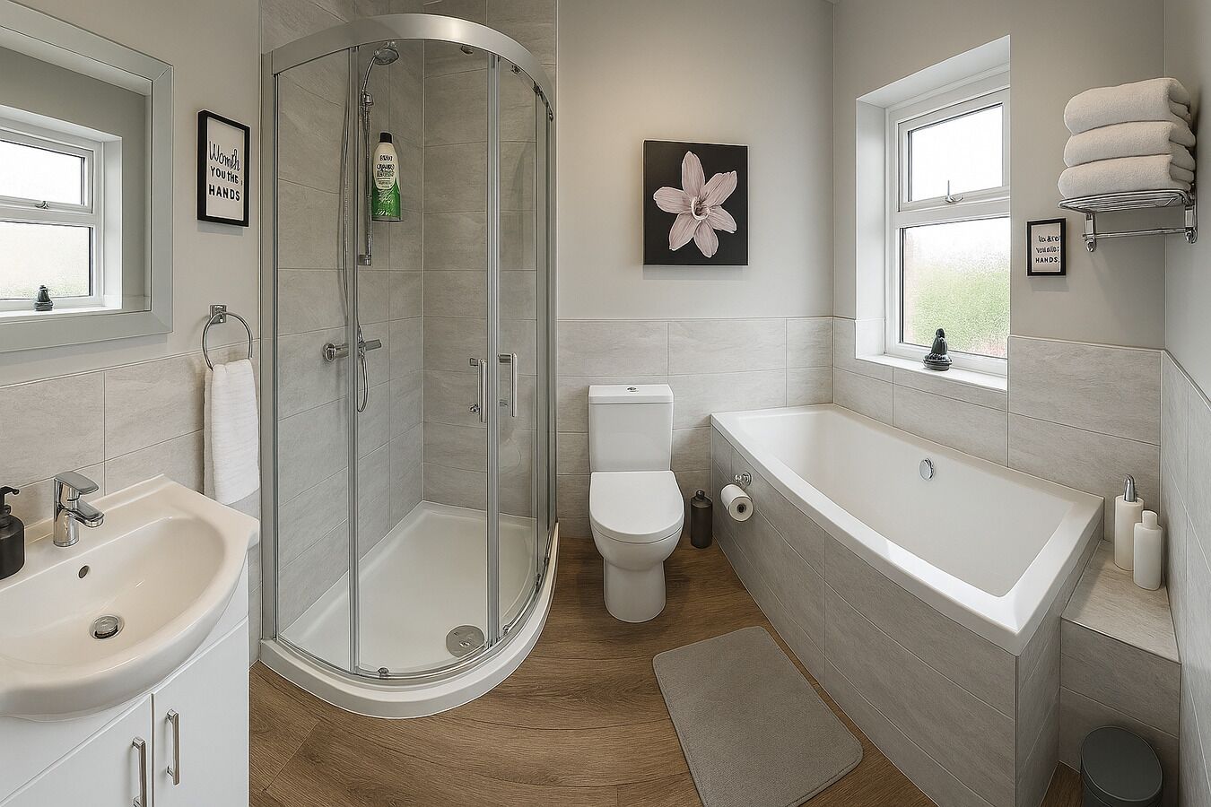 Shower, hair dryer, bidet, towels