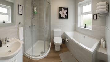 Shower, hair dryer, bidet, towels