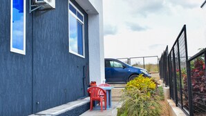 Un bâtiment moderne à la façade bleue, doté d’une allée pavée et d’un jardin où poussent différentes espèces de plantes.