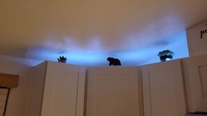 A ceiling with a blue light fixture and a small plant on the left. - DE-stress in this quiet, serene cottage. Mountains, Horses, Verde River, Peace. (Payson)