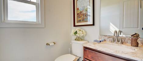 A bathroom with a white toilet, a marble sink, and a framed painting above the mirror.