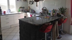 A modern kitchen with a central island, bar stools, and a hanging plant. - Maison Chaleureuse Dans le Sud (Cournonsec)