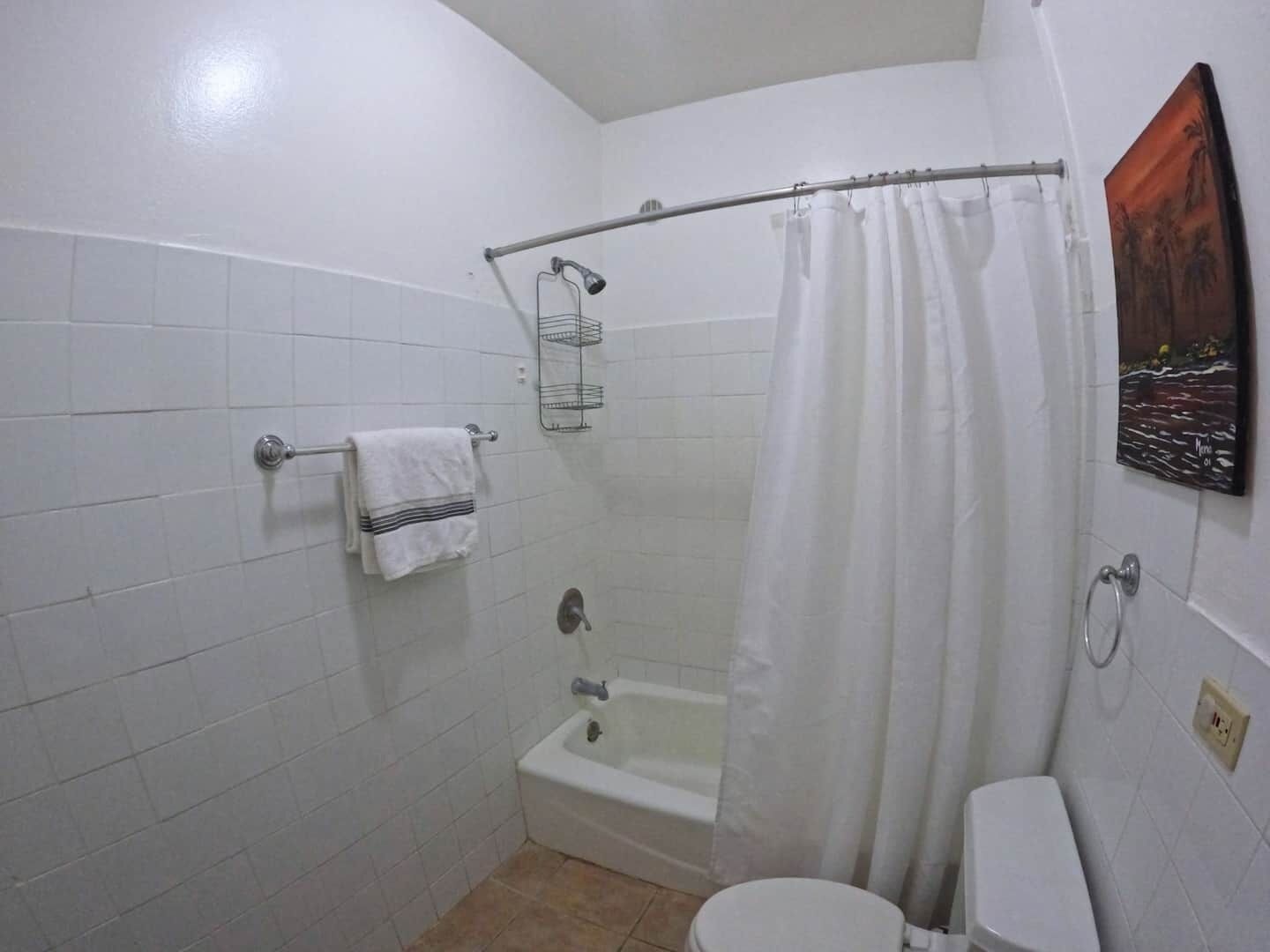 Ein Badezimmer mit weißen Fliesen, einer Badewanne, einer Toilette, einem Duschvorhang und einem Handtuchhalter.