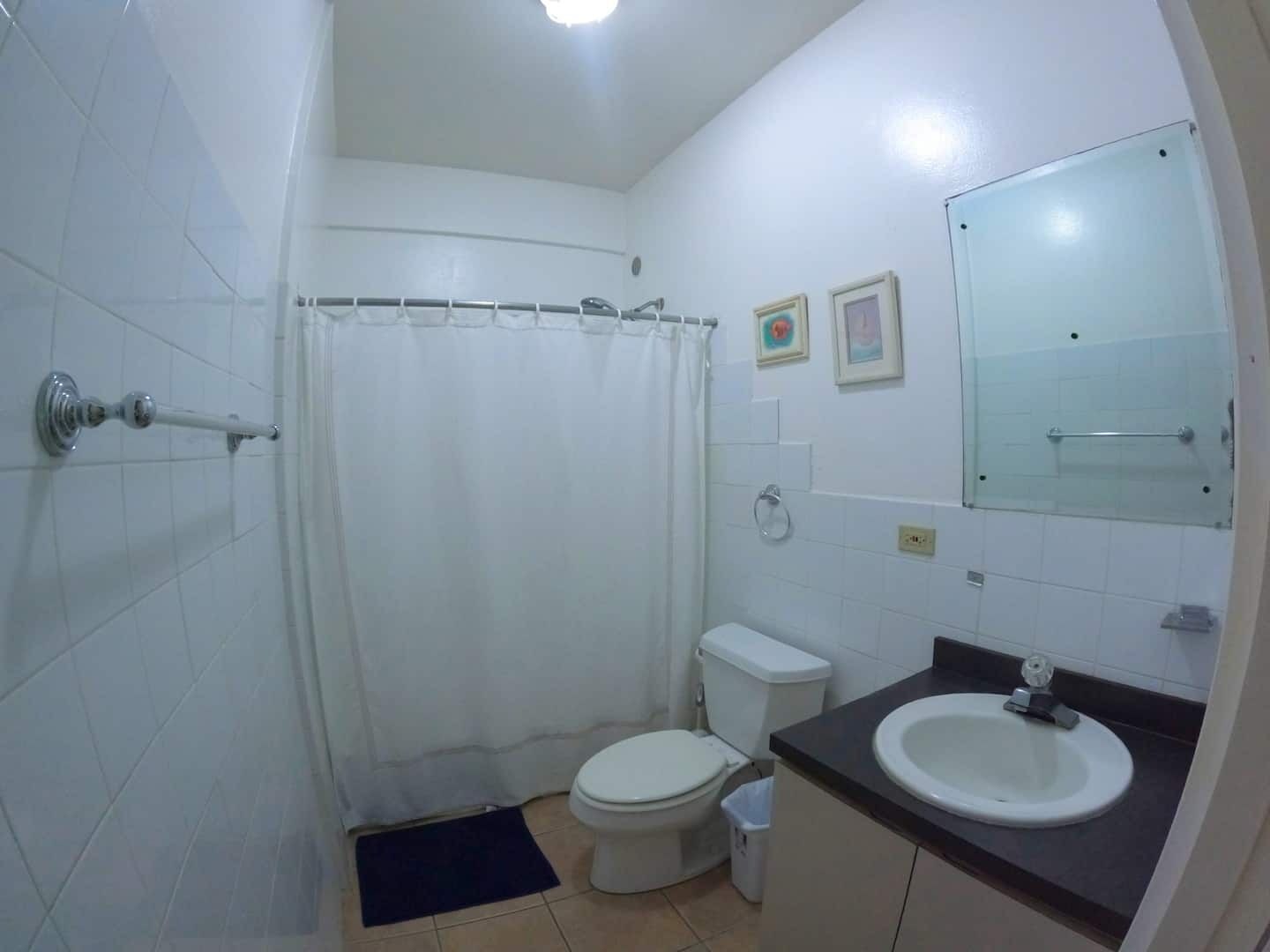 A small, white bathroom with a toilet, a sink, and a shower curtain.