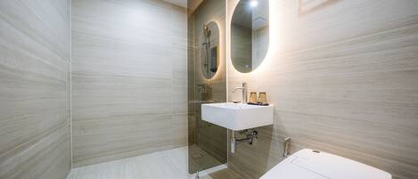 Un baño moderno con ducha de vidrio, un lavabo blanco y un espejo grande.