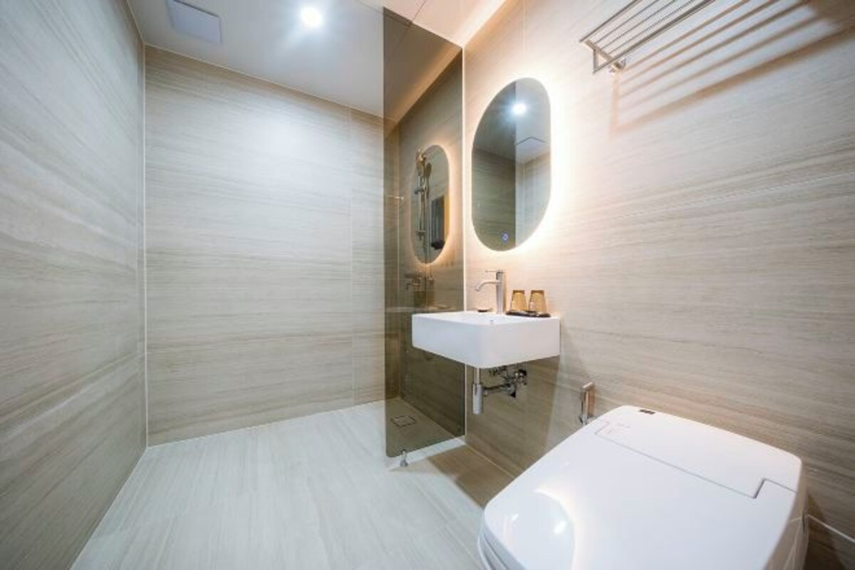 A modern bathroom with a glass shower enclosure, a white sink, and a large mirror.