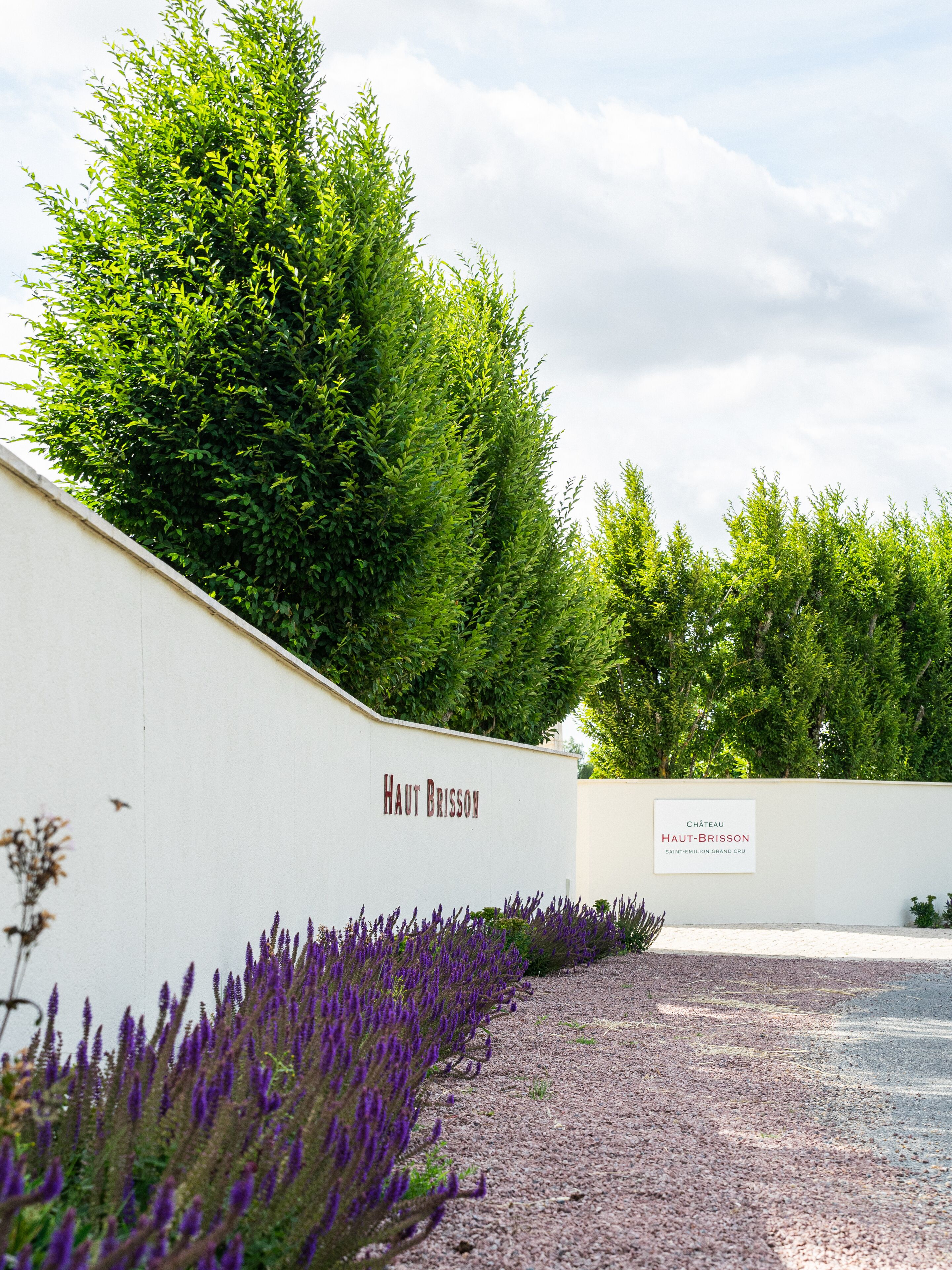 Un área ajardinada con un muro blanco que dice "Haut-Brisson" y un cartel que indica "Château Haut-Brisson Saint-Emilion Grand Cru".