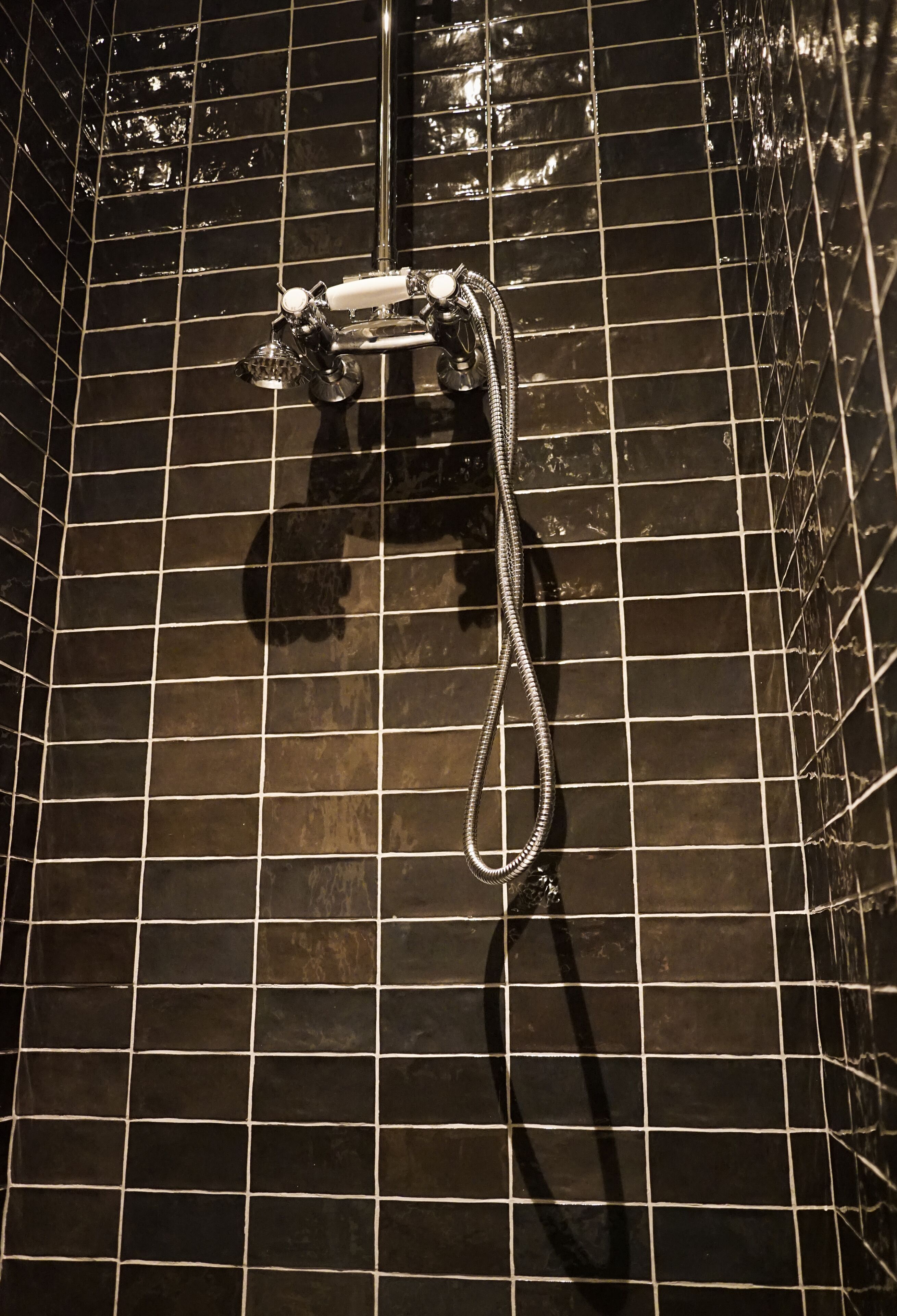 A tiled shower area with a handheld showerhead and a flexible hose.