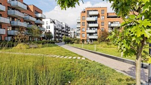 Zona residencial con modernos edificios de apartamentos, un sendero cubierto de césped y árboles.