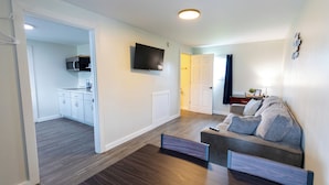 A modern apartment with a kitchen, living room, and dining area.