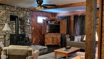 Smart TV, fireplace, DVD player, foosball