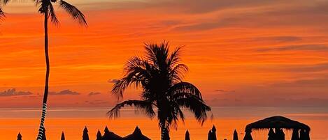 On the beach, sun-loungers, beach towels